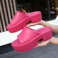 Stylish pink chunky platform slide sandals for women, perfect for summer outdoor wear. - 36 / Rose Red