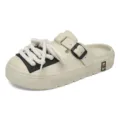 Men's casual closed toe slip-on clogs with decorative laces and buckle in beige color. - 36-37 / Beige Green