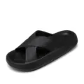 Black thick-bottom cross strap slippers for women, non-slip soft summer indoor slide shoes. - Black
