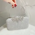 Silver rhinestone evening clutch bag detailed view with crystal clasp and metal handle - Silver