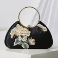 Black velvet evening bag with gold round handle and elegant floral embroidery for women. - Black