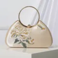 Chinese vintage embroidered evening bag satin clutch with metal round handle for dress cheongsam - Champagne