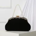 Black velvet evening bag with pearl handle and rhinestone clasp, elegant vintage purse for party. - Black