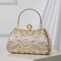 Elegant gold rhinestone evening clutch bag with metal handle and pearl clasp for women parties - Gold
