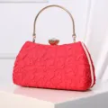 Red Evening Clutch Bag Elegant Gold Ring Handle Crystal Clasp Wedding Party Handbag Women - Rose Red