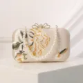 Elegant embroidered evening clutch bag with pearl strap for women's party dresses. - Apricot