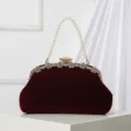 Red velvet pearl handle clutch bag for women, vintage rhinestone evening party handbag chic. - Burgundy