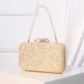 Gold lace evening clutch bag with pearl handle and bow clasp for wedding party dress - Gold