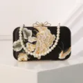 Elegant black satin evening clutch bag with pearl chain strap and gold floral embroidery. - Black