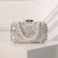 Elegant silver evening clutch bag with handmade pearls and sparkling rhinestones for parties. - Silver