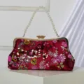Wine red sequin floral evening clutch bag with pearl handle and metal frame clasp main view. - Burgundy