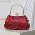 Red rhinestone evening clutch bag with metal handle and pearl clasp for wedding party dresses. - Burgundy