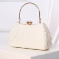 Elegant women evening clutch bag with metal gold handle and crystal clasp for party dress. - Apricot