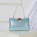 Elegant light blue evening clutch bag with pearl handle and gold leaf clasp for women. - Sky Blue