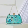 Turquoise sequin embroidered evening bag with pearl handle elegant clutch purse for party prom - Sky Blue