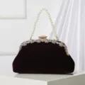 Velvet evening bag with pearl handle and rhinestone clasp, elegant retro clutch for women. - Deep purple