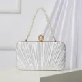 Elegant white pleated evening clutch bag with pearl handle and clasp for weddings and parties. - Off White
