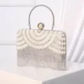Elegant pearl rhinestone evening clutch bag with tassel and metal handle for women wedding dress. - Silver