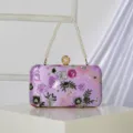 Purple sequin embroidered evening clutch bag with pearl handle for women party wedding. - Light Purple