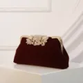 Burgundy velvet evening clutch with gold frame and crystal rhinestone clasp for women - Burgundy