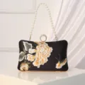 Vintage silk embroidered evening clutch bag for women, elegant pearl handle qipao handbag. - Black