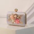 Silver velvet evening clutch bag with handmade flowers, pearls and gold hardware. - Silver