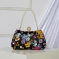 Elegant sequin floral embroidered evening clutch bag with pearl handle for women parties. - Black