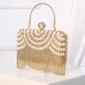 Elegant pearl rhinestone evening clutch bag with gold handle and crystal tassel fringe. - Gold