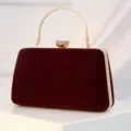 Wine Red Velvet Evening Clutch Bag with Gold Handle and Crystal Clasp for Party Prom - Burgundy