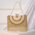 Rhinestone tassel evening bag detail, sparkling crystals and elegant pearl handle for parties. - Gold