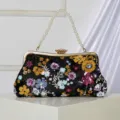 Black Sequin Evening Bag with Pearl Handle Floral Embroidered Clutch Purse for Women - Black