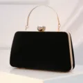 Black velvet evening clutch bag with gold metal handle and crystal clasp for parties. - Black