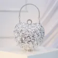 Silver heart beaded evening bag, crystal clutch purse for wedding party and formal dress events. - Silver
