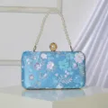 Light blue sequin evening clutch bag with pearl handle elegant bridal party handbag for women - Sky Blue