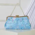 Elegant light blue sequin evening bag with pearl handle, floral embroidery clutch purse. - Sky Blue