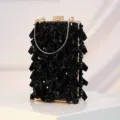 Elegant black beaded evening clutch bag with gold metal frame and sparkling crystal clasp for women. - Black