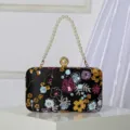 Elegant Floral Sequin Beaded Evening Clutch Bag with Pearl Handle Women Party Handbags. - Black
