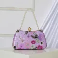 Purple floral sequin evening bag with pearl handle elegant clutch purse for wedding party - Light Purple