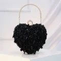 Black Beaded Heart-Shaped Evening Bag Elegant Rhinestone Ring Clutch Purse for Women - Black