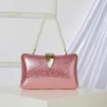 Pink glitter evening clutch bag with pearl handle and gold leaf clasp for party. - Pink