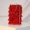Red sequin beaded evening clutch bag with gold chain strap for women party banquet gown - Red