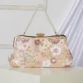 Elegant sequin floral evening clutch with pearl handle and gold frame for formal dresses. - Apricot
