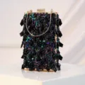 Elegant black beaded evening clutch bag for women vintage sequin metal frame banquet purse - Black Multi-color