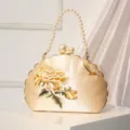 Chinese style evening handbag with pearl handle and elegant floral embroidery for banquet. - Champagne