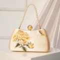 New Chinese Style Embroidered Floral Satin Clutch Bag Elegant Pearl Handle Evening Handbag - Champagne