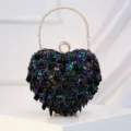 Heart-shaped evening clutch bag with sequins, beads, metal handle, and ring clasp for party. - Black Multi-color