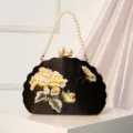 Chinese style evening clutch bag with pearl handle and embroidered floral design for banquet. - Black