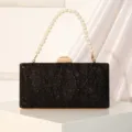 Black sequin evening clutch bag with elegant pearl handle and gold hardware for women party - Black