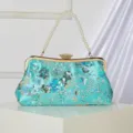 Turquoise sequin evening clutch bag with elegant pearl handle and floral embroidery for women. - Emerald Green