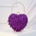 Purple beaded heart-shaped evening bag with metal ring handle for elegant party dress. - Purple